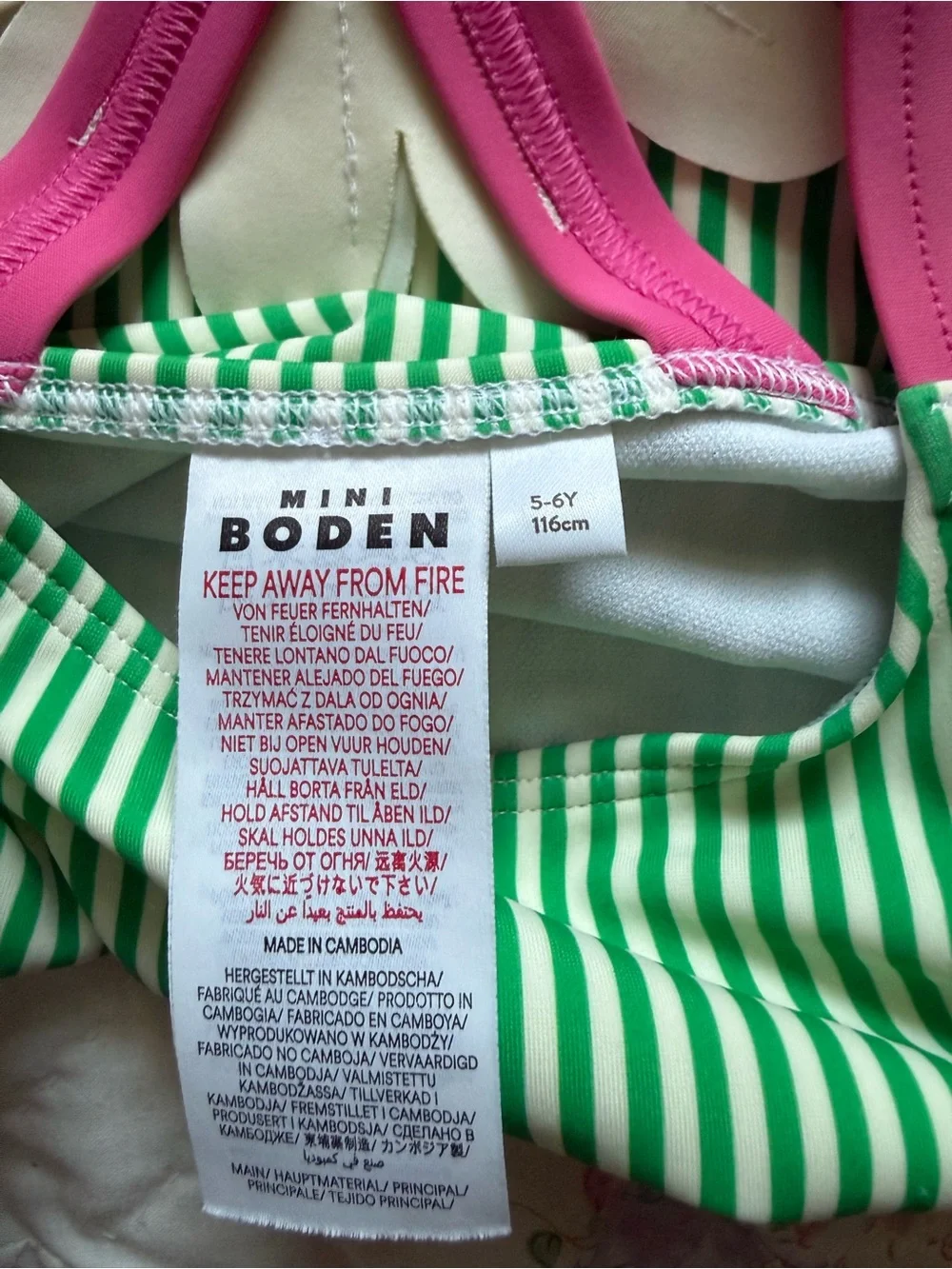 Mini Boden 5-6Y Flower Appliqué Back Green/White Striped Swimsuit